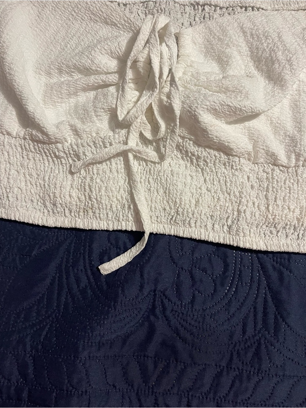 SHEIN White Smocked Strapless Crop Top with Tie Detail